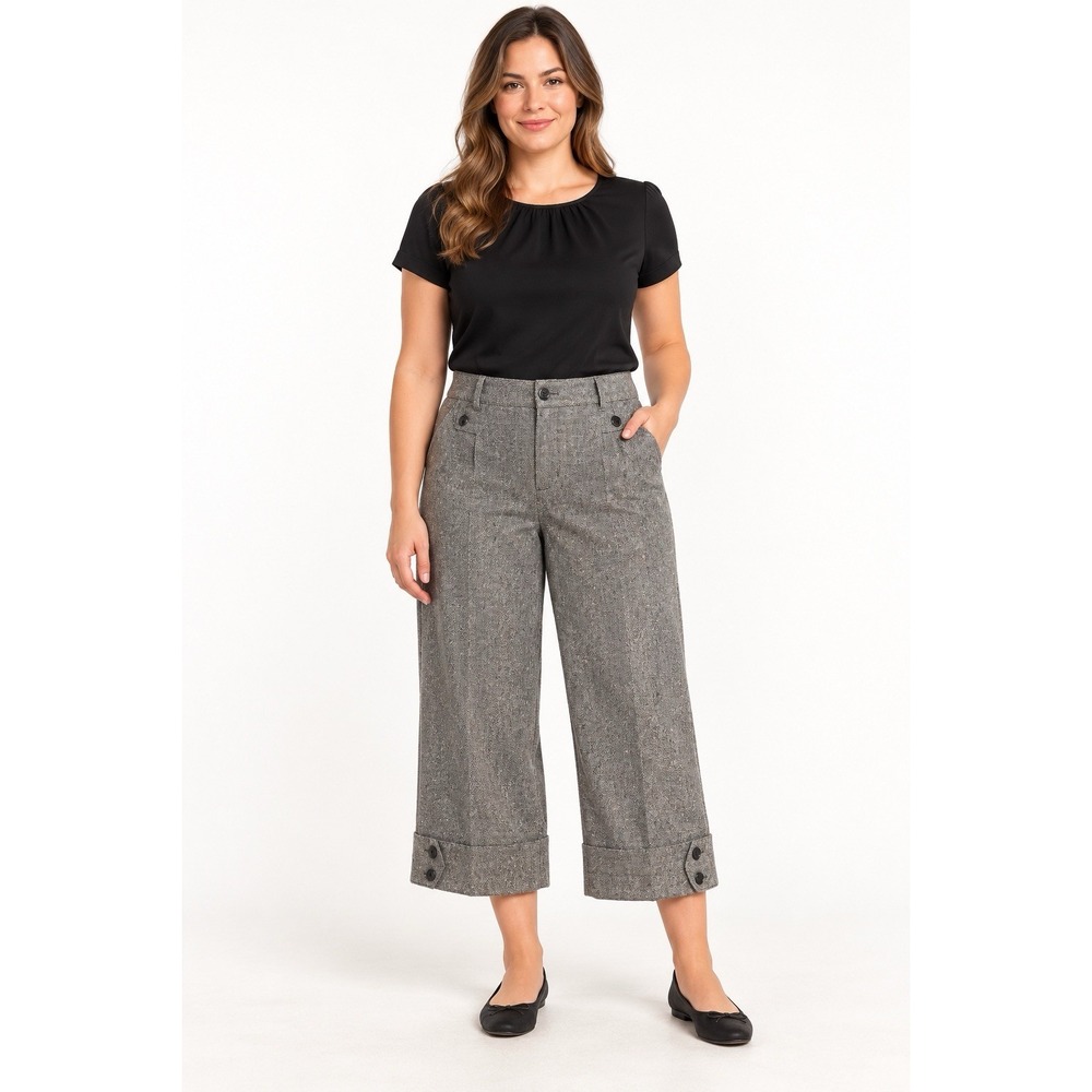Worthington Women’s Size 14 Gray Tweed Cropped Wide Leg Pants Button Cuff